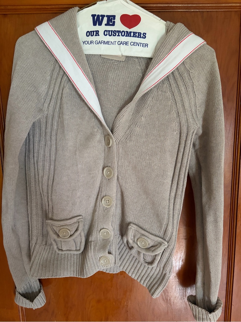 Vintage 90s Old Navy Taupe Sailor-Collar Button-Front Knit Cardigan with Hood